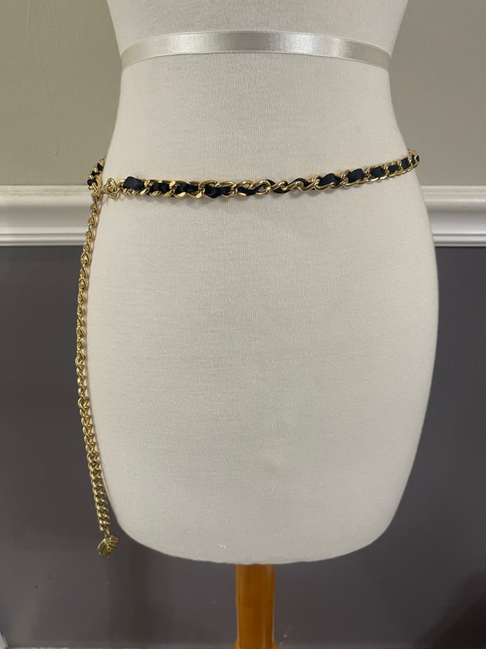 Gold Chain Waist Belt with Black Ribbon Weave